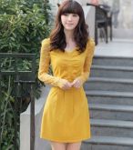 Vestido Manga Longa com Renda Amarelo